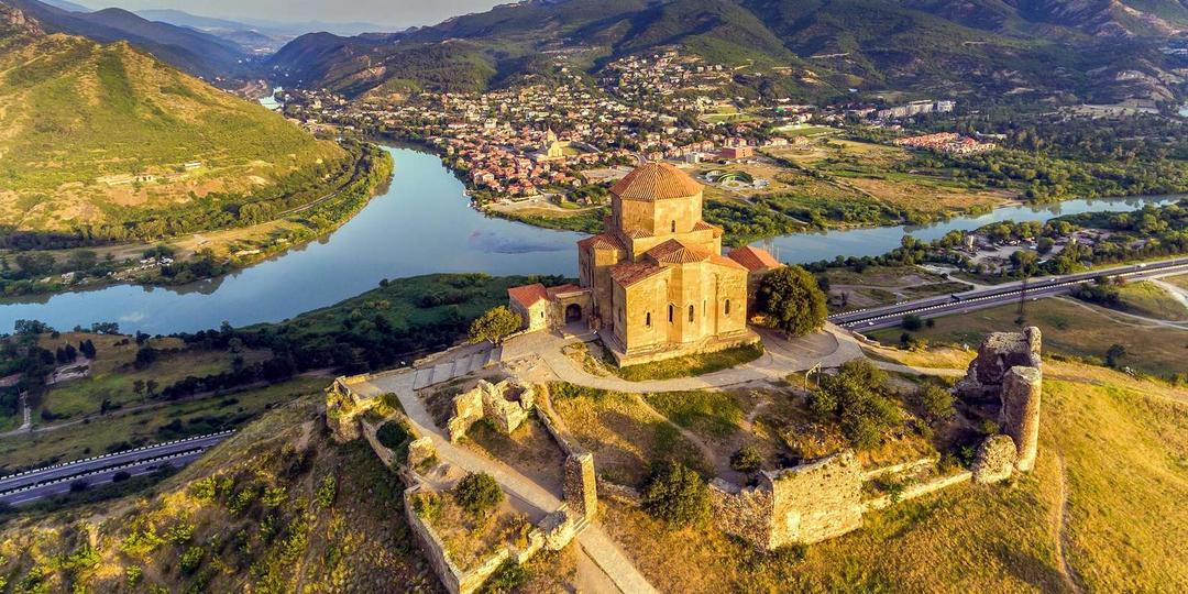 Historic Jvari Monastery with panoramic views over the confluence of the Mtkvari and Aragvi rivers, Georgia