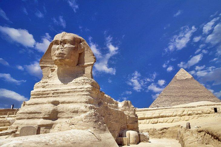 Iconic Great Sphinx of Giza with the Pyramid of Khafre in the background, Egypt