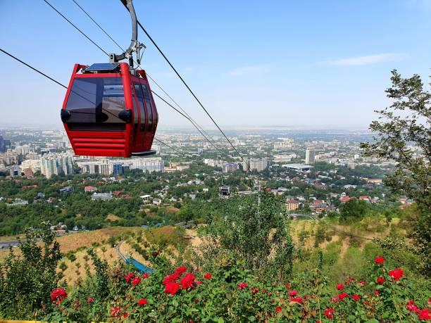 Scenic cable car ride offering a panoramic view of Almaty city, Kazakhstan.