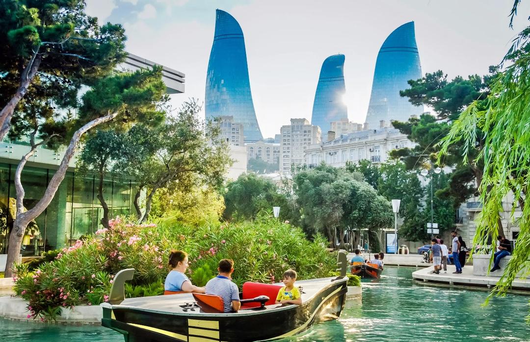 Baku Mini Venice with the Flame Towers in the background