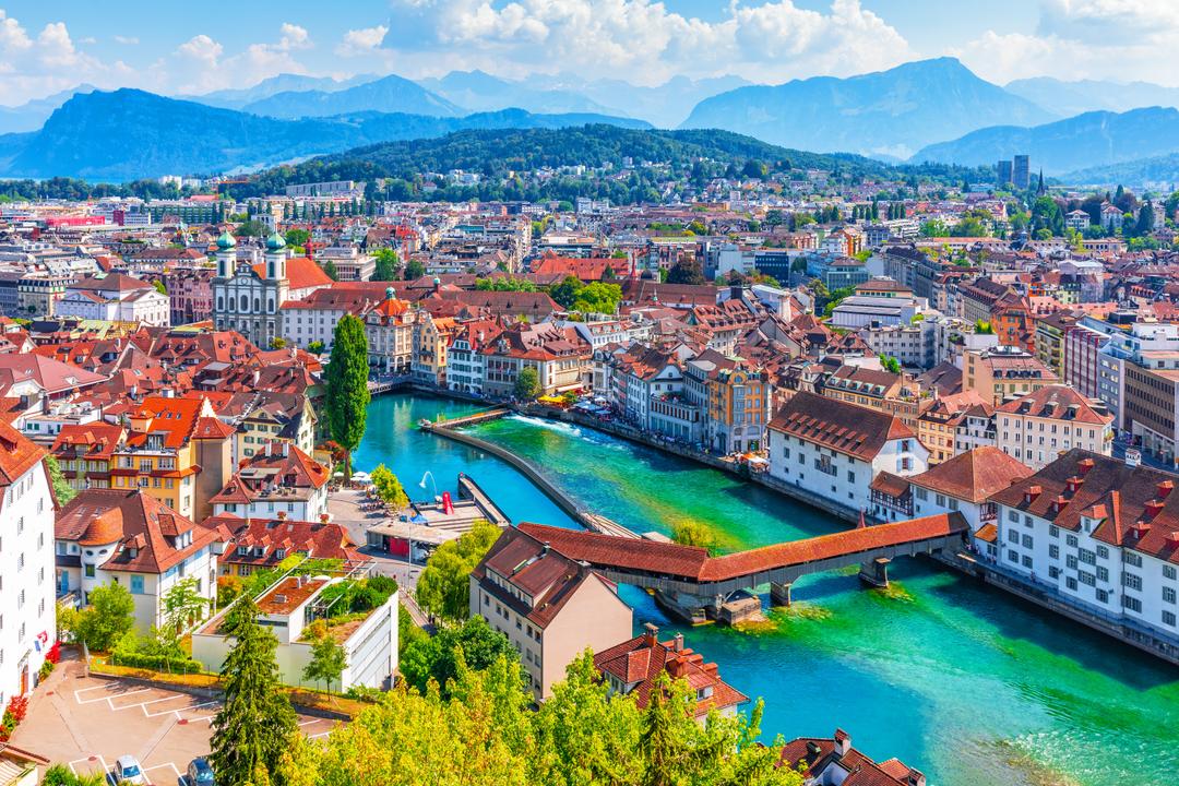 Scenic summer aerial panorama of the Old Town medieval architecture in Lucerne Switzerland